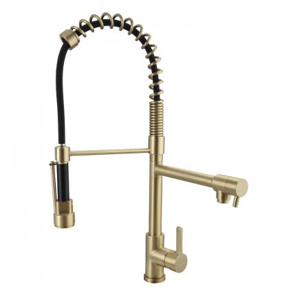 HMR - Pull Out Double Spout Kitchen Faucet with Double Function in Brushed Gold