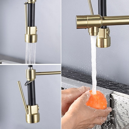 HMR - Pull Out Double Spout Kitchen Faucet with Double Function in Brushed Gold