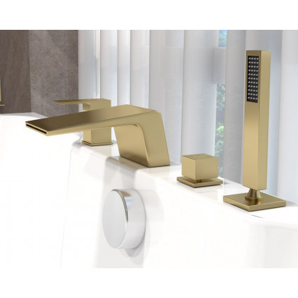 HMR Waterfall Deck-Mount Roman Tub Faucet with Handshower - Brushed Gold