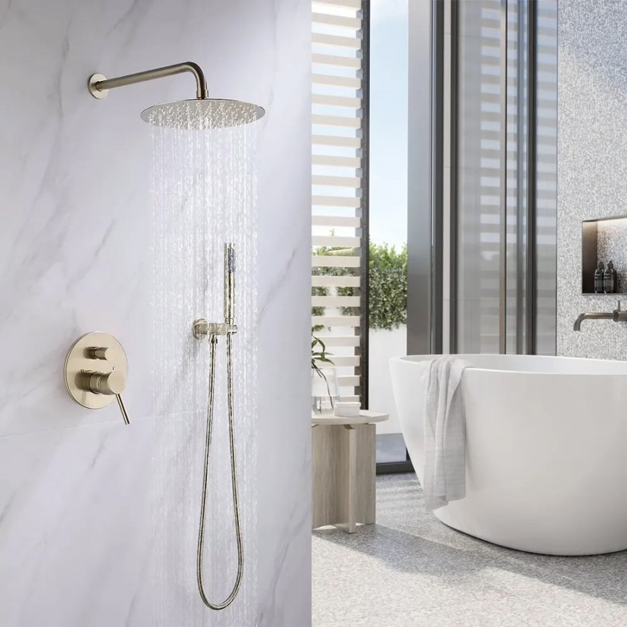 HMR - 10" Wall Mounted Rain Shower System with Handheld Shower Solid Brass in Brushed Gold