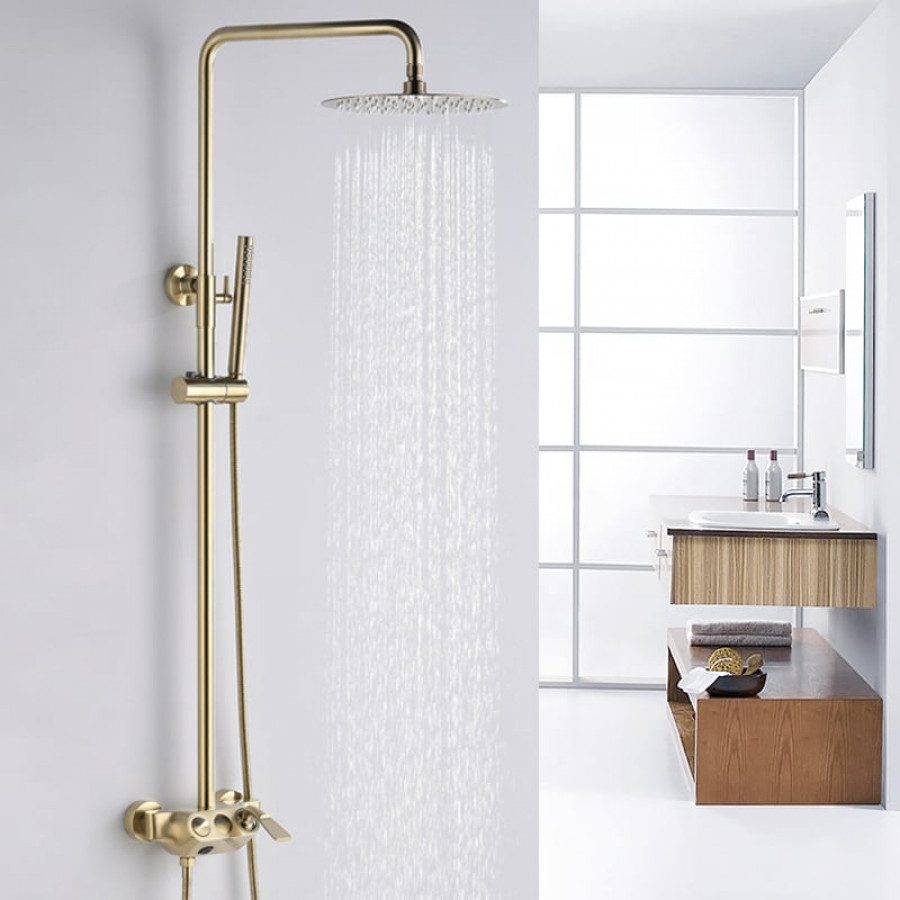 HMR - Exposed Rainfall Shower Fixture with Handshower and Tub Filler in Brushed Gold