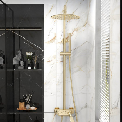 HMR - Exposed Rainfall Shower Fixture with Handshower and Tub Filler in Brushed Gold