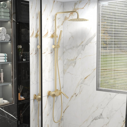 HMR - Exposed Rainfall Shower Fixture with Handshower and Tub Filler in Brushed Gold