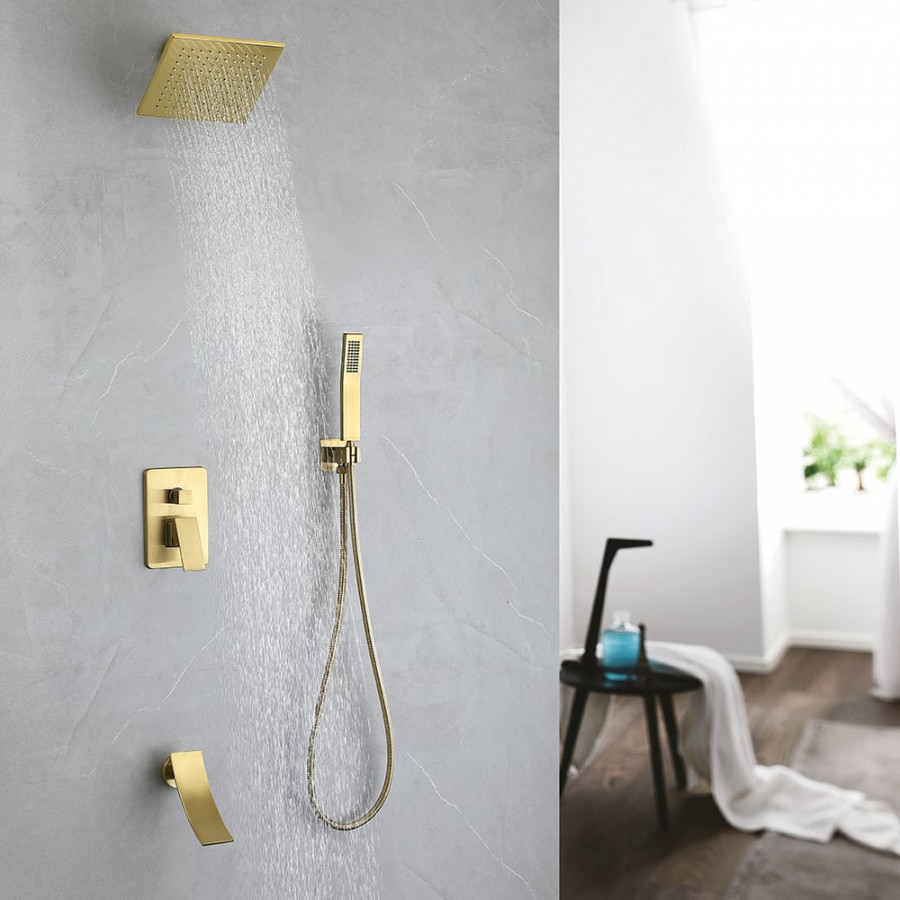 HMR - Waterfall Tub Spout Shower Faucet Set with Rain Shower Head Wall Mounted in Brushed Gold