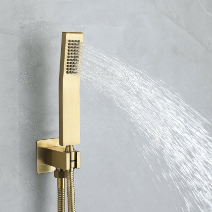 HMR - Waterfall Tub Spout Shower Faucet Set with Rain Shower Head Wall Mounted in Brushed Gold