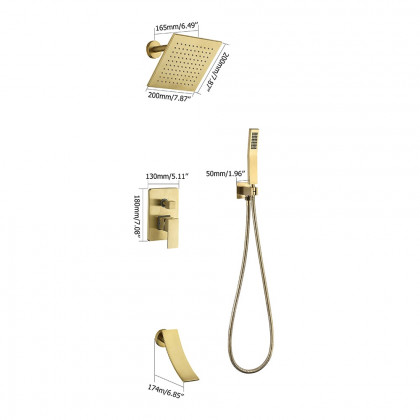 HMR - Waterfall Tub Spout Shower Faucet Set with Rain Shower Head Wall Mounted in Brushed Gold