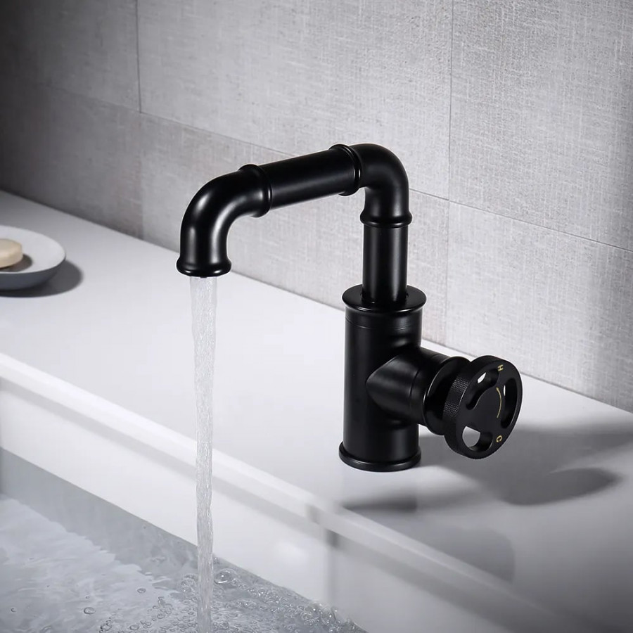 HMR - Ruth Pipe 1-Hole Sink Faucet with Single Handle in Black, Brass