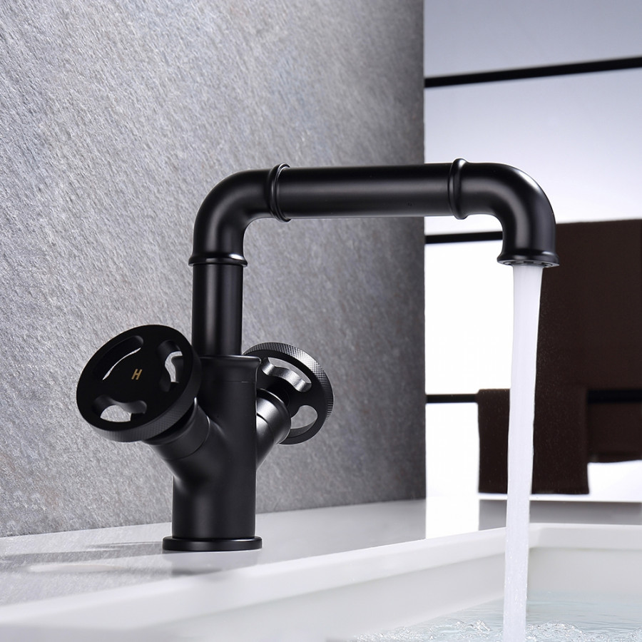 HMR - Ruth Pipe 1-Hole Sink Faucet Double Handles in Matte Black, Brass