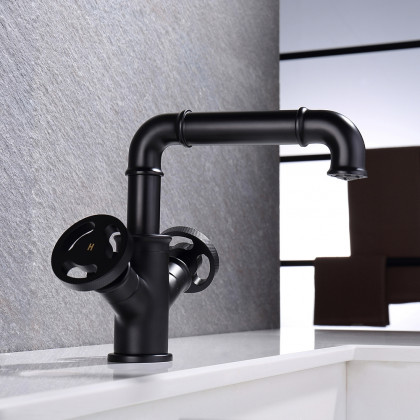 HMR - Ruth Pipe 1-Hole Sink Faucet Double Handles in Matte Black, Brass