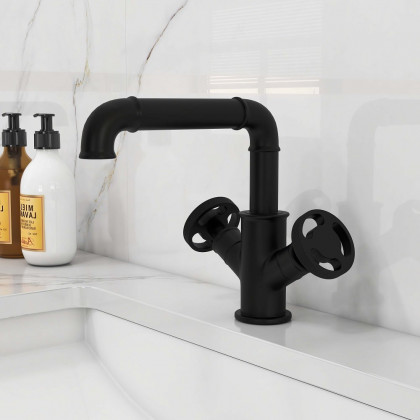 HMR - Ruth Pipe 1-Hole Sink Faucet Double Handles in Matte Black, Brass