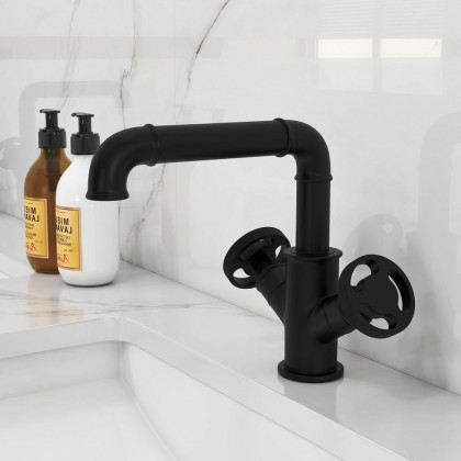 HMR - Ruth Pipe 1-Hole Sink Faucet Double Handles in Matte Black, Brass