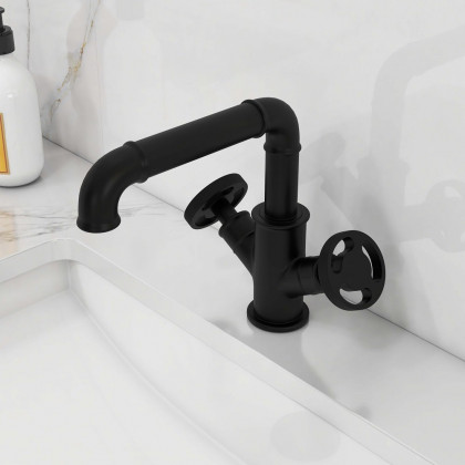 HMR - Ruth Pipe 1-Hole Sink Faucet Double Handles in Matte Black, Brass