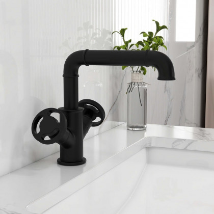 HMR - Ruth Pipe 1-Hole Sink Faucet Double Handles in Matte Black, Brass