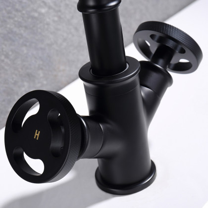 HMR - Ruth Pipe 1-Hole Sink Faucet Double Handles in Matte Black, Brass