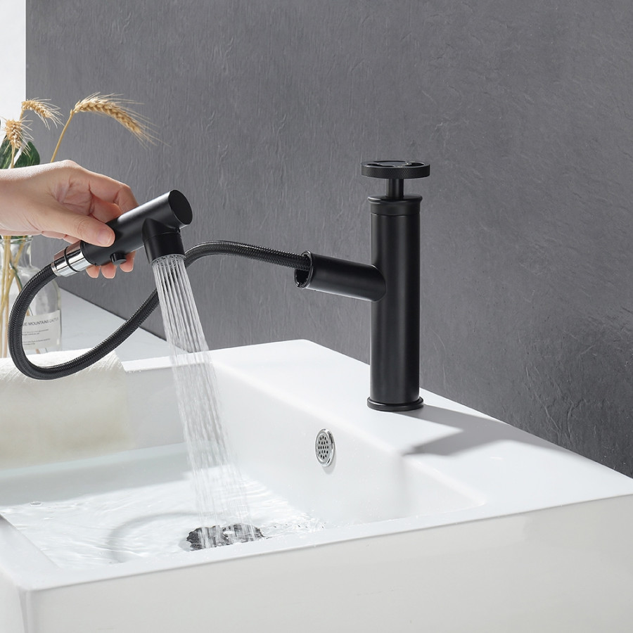 HMR - Ruth Industrial 1-Hole Brass Pull Out Bathroom Sink Faucet in Matte Black