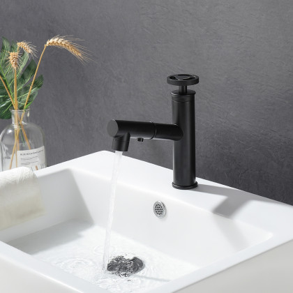 HMR - Ruth Industrial 1-Hole Brass Pull Out Bathroom Sink Faucet in Matte Black
