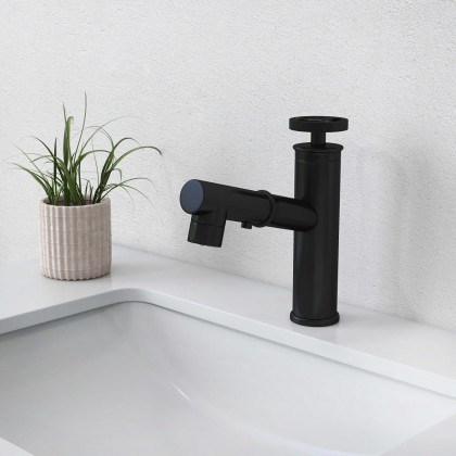 HMR - Ruth Industrial 1-Hole Brass Pull Out Bathroom Sink Faucet in Matte Black