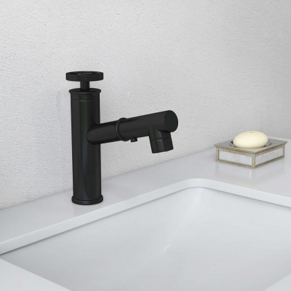 HMR - Ruth Industrial 1-Hole Brass Pull Out Bathroom Sink Faucet in Matte Black