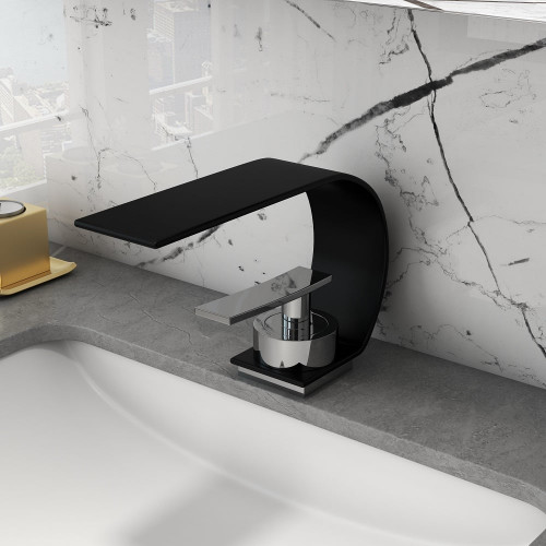 HMR Single Handle Waterfall Arc Bathroom Sink Faucet - Black/Chrome