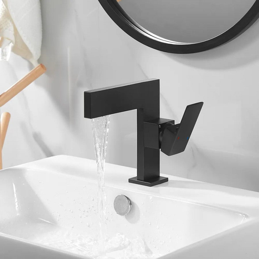 HMR - Single Handle Waterfall Sink Faucet One Hole in Matte Black, Brass