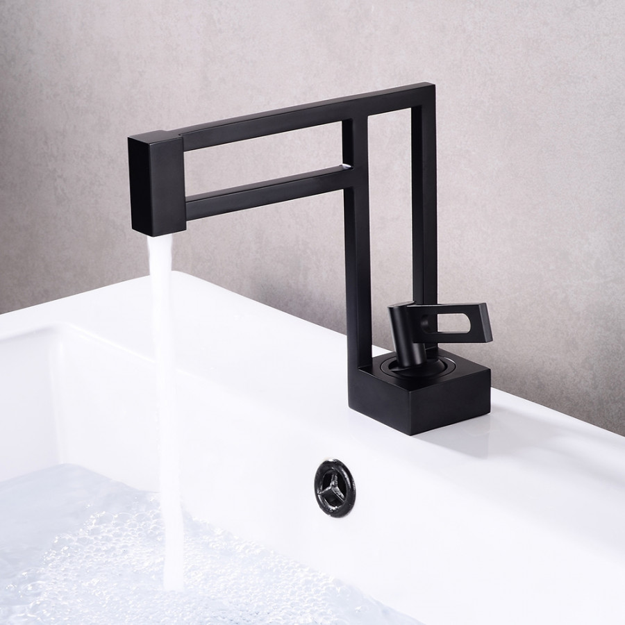 HMR - Geometric Bathroom Sink Faucet Solid Brass Architectural Design in Black