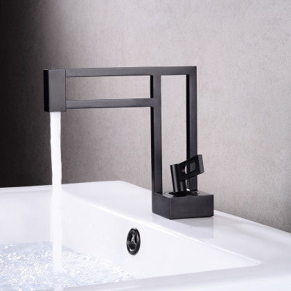 HMR - Geometric Bathroom Sink Faucet Solid Brass Architectural Design in Black