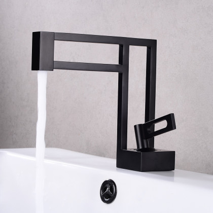 HMR - Geometric Bathroom Sink Faucet Solid Brass Architectural Design in Black