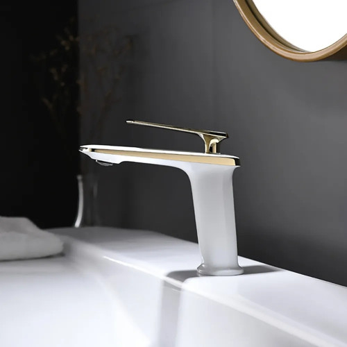 HMR Bathroom Sink Faucet with Single Hole & Single Handle - White/Gold