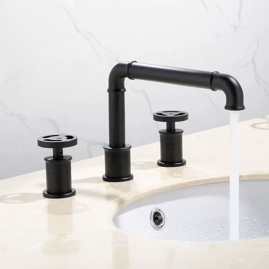 HMR - Double Handle Ruth Industrial Pipe Bathroom Sink Faucet in Matte Black