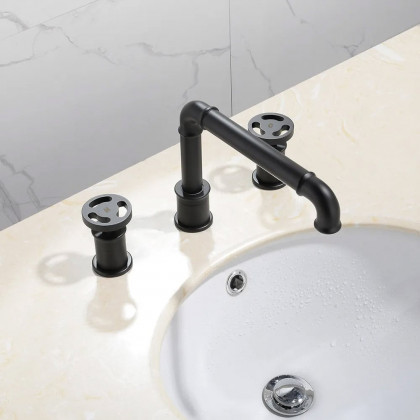 HMR - Double Handle Ruth Industrial Pipe Bathroom Sink Faucet in Matte Black
