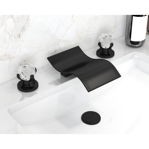 HMR Deck Mount Widespread Waterfall 2 Crystal Handle Bathroom Sink Faucet - Black