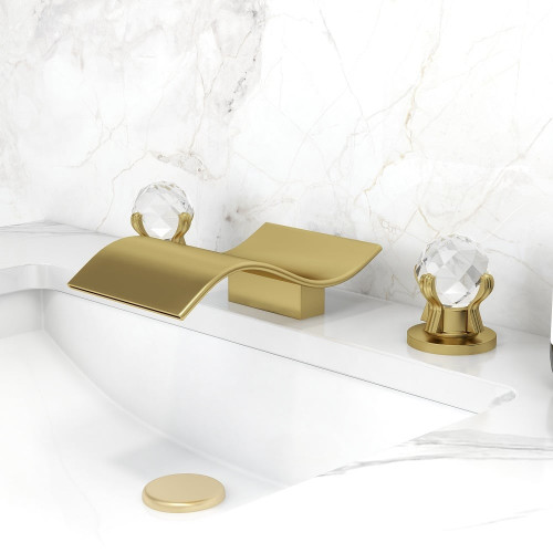 HMR Deck Mount Widespread Waterfall 2 Crystal Handle Bathroom Sink Faucet - Brushed Gold