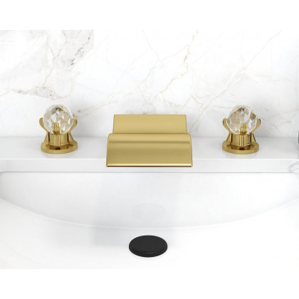 HMR Deck Mount Widespread Waterfall 2 Crystal Handle Bathroom Sink Faucet - Brushed Gold