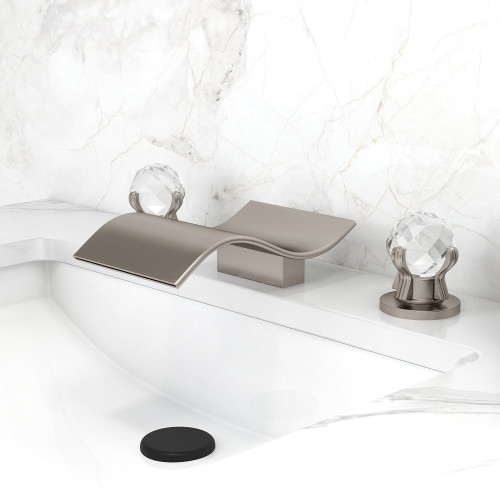 HMR Deck Mount Widespread Waterfall 2 Crystal Handle Bathroom Sink Faucet - Brushed Nickel