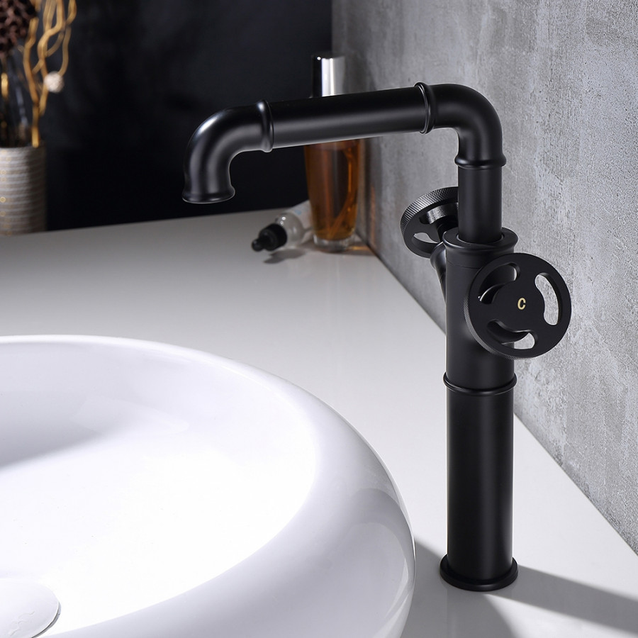 HMR - Industrial Style Bathroom Vessel Sink Faucet with 2-Handle Solid Brass in Matte Black