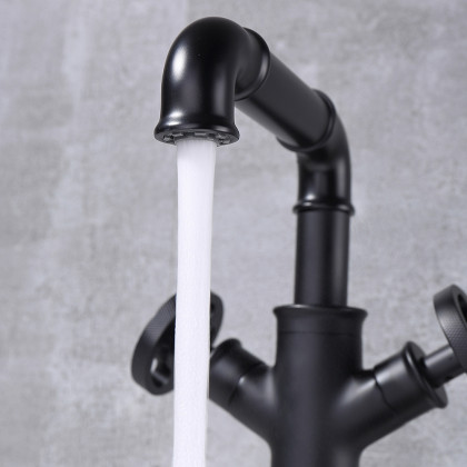HMR - Industrial Style Bathroom Vessel Sink Faucet with 2-Handle Solid Brass in Matte Black