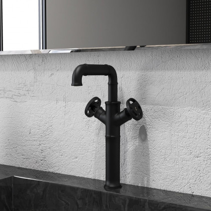 HMR - Industrial Style Bathroom Vessel Sink Faucet with 2-Handle Solid Brass in Matte Black