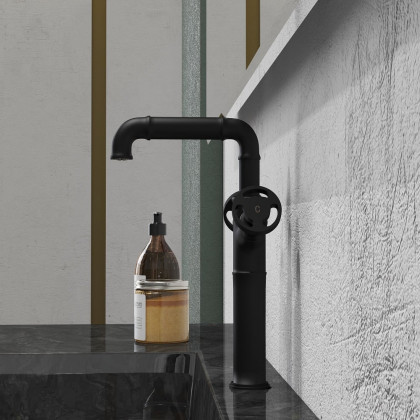 HMR - Industrial Style Bathroom Vessel Sink Faucet with 2-Handle Solid Brass in Matte Black
