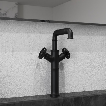 HMR - Industrial Style Bathroom Vessel Sink Faucet with 2-Handle Solid Brass in Matte Black