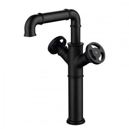 HMR - Industrial Style Bathroom Vessel Sink Faucet with 2-Handle Solid Brass in Matte Black