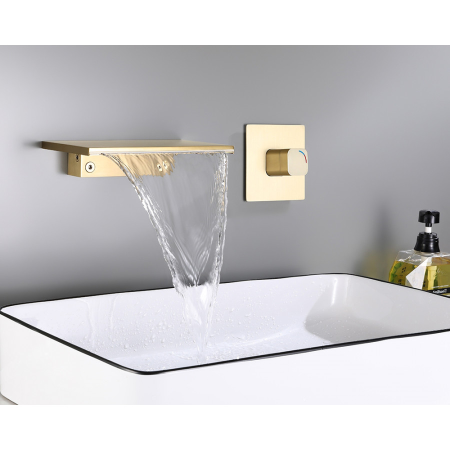 HMR Waterfall Wall Mount Bathroom Sink Faucet Single Knob - Brushed Gold
