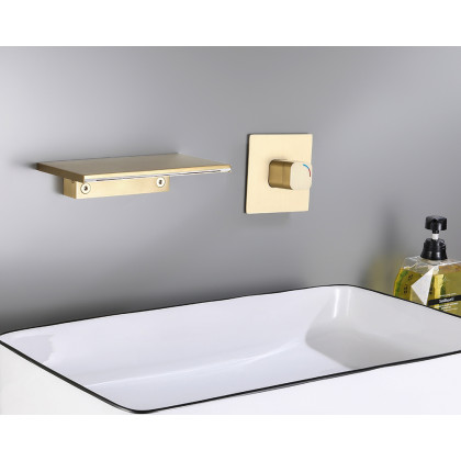 HMR Waterfall Wall Mount Bathroom Sink Faucet Single Knob - Brushed Gold
