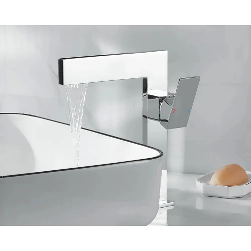 HMR Ultra-Thin Single Handle Waterfall Bathroom Vessel Sink Faucet Solid Brass 1-Hole - Chrome
