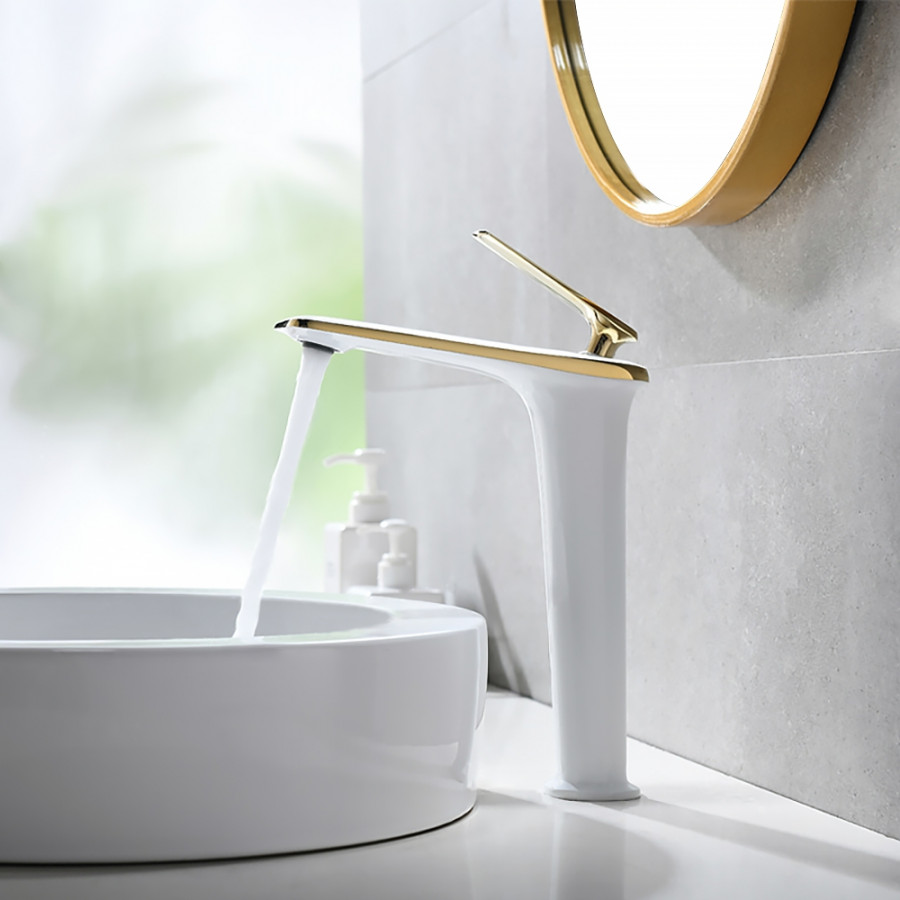 HMR - Single Handle Brass Vessel Bathroom Sink Faucet in White and Gold