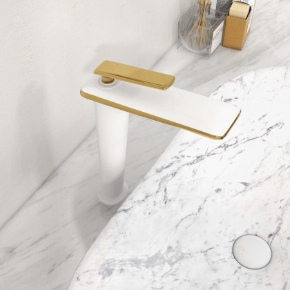 HMR - Single Handle Brass Vessel Bathroom Sink Faucet in White and Gold
