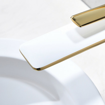 HMR - Single Handle Brass Vessel Bathroom Sink Faucet in White and Gold