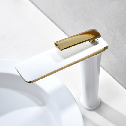 HMR - Single Handle Brass Vessel Bathroom Sink Faucet in White and Gold