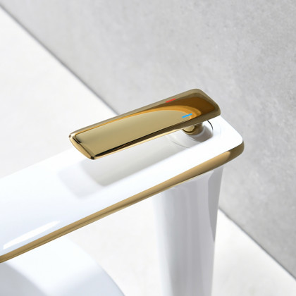 HMR - Single Handle Brass Vessel Bathroom Sink Faucet in White and Gold