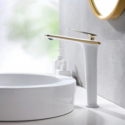 HMR - Single Handle Brass Vessel Bathroom Sink Faucet in White and Gold