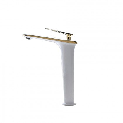 HMR - Single Handle Brass Vessel Bathroom Sink Faucet in White and Gold